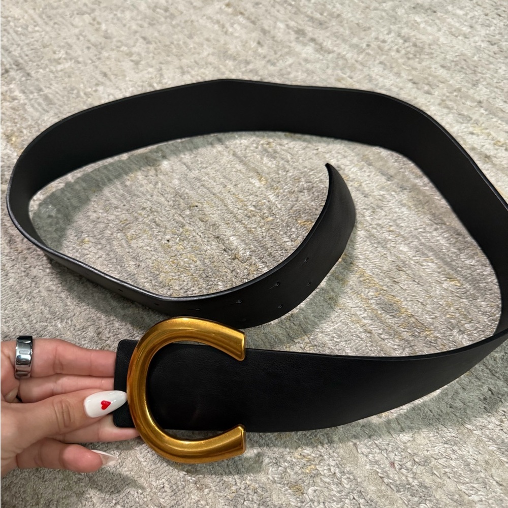 Black Wide Waist Belt with Gold C Buckle – 43”